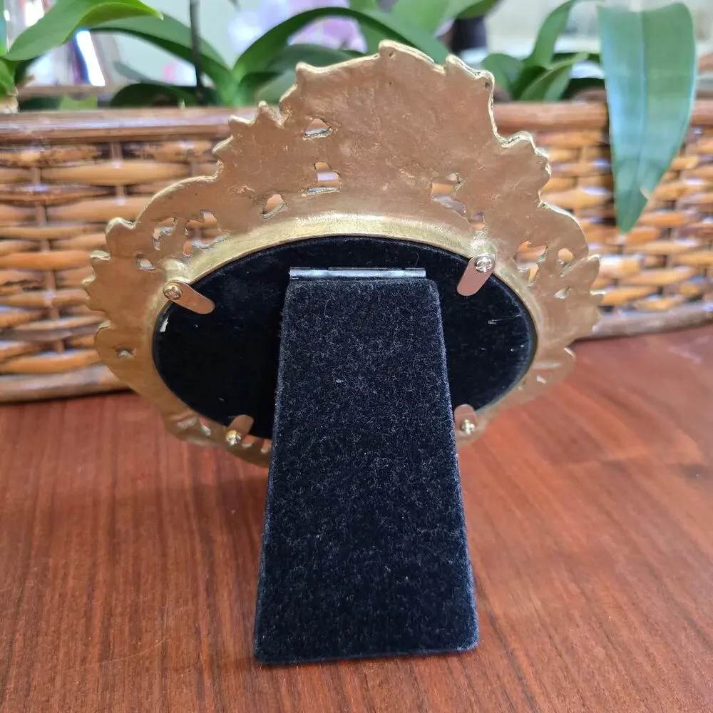 Vintage Floral Brass Easel Picture Frame Oval Black Velvet Back Cottagecore